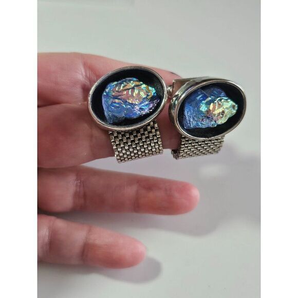 Silver tone lava volcanic glass cufflinks